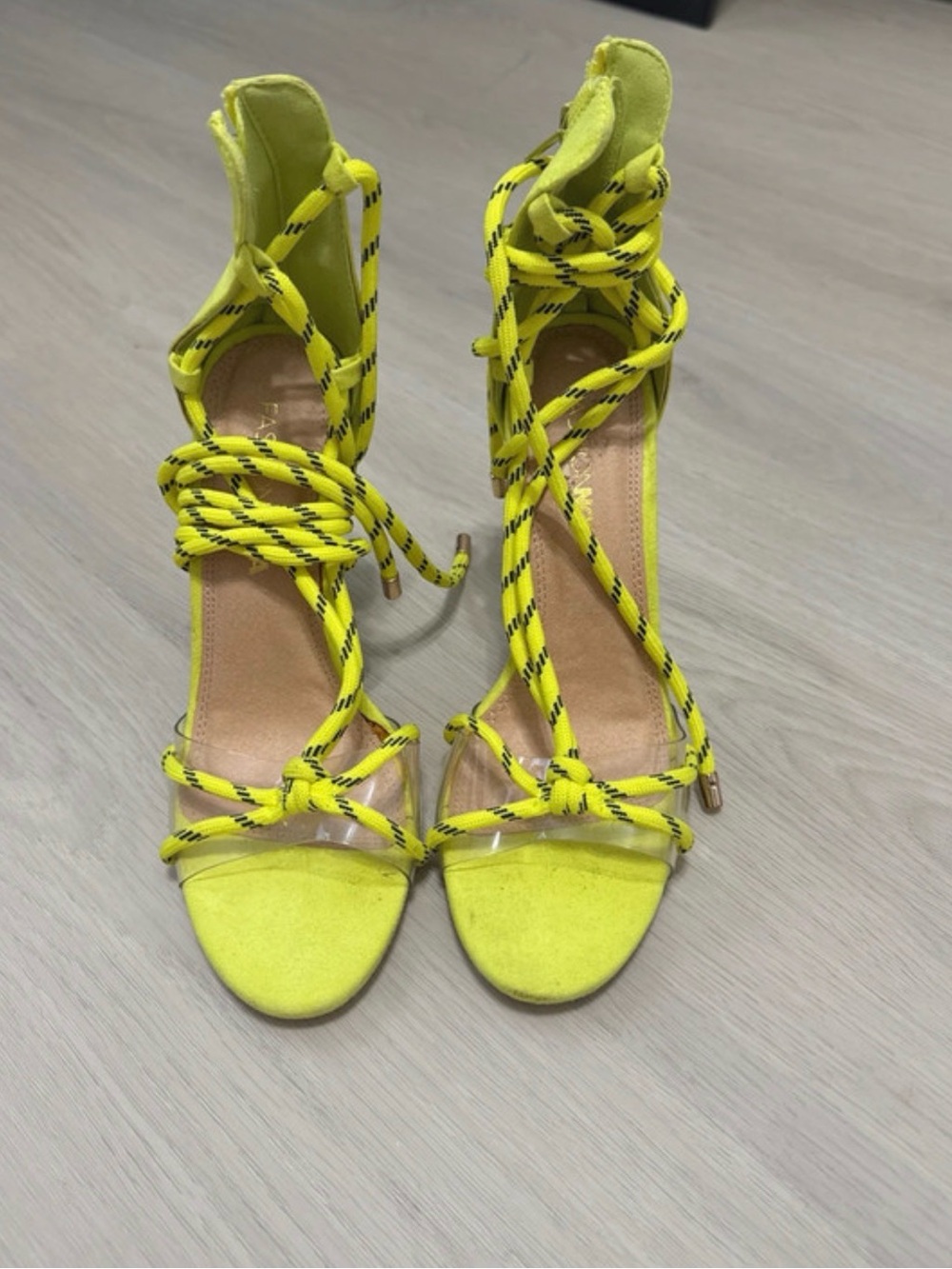 Fashion Nova Neon Yellow Lace-Up High Heel Sandals
